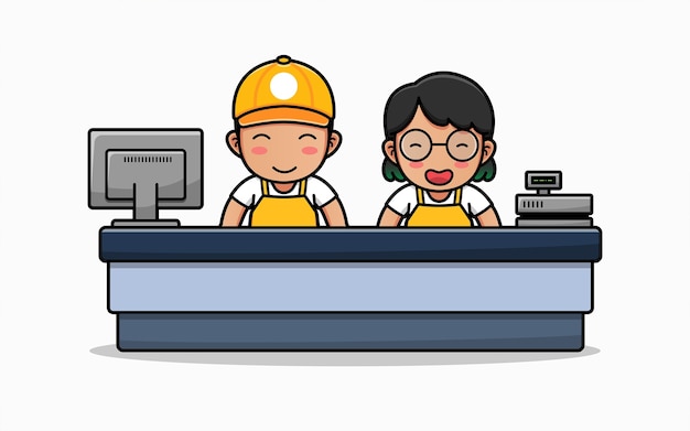 Vector cute happy couple cashier