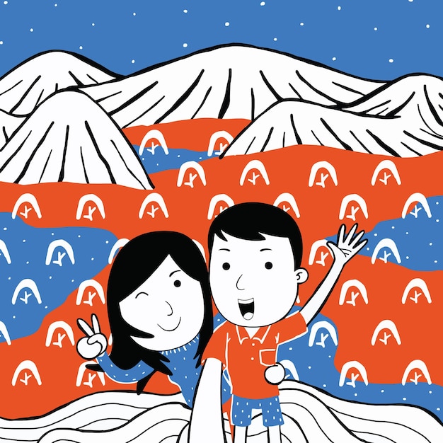 Simpatica coppia felice in cima alla montagna in stile cartone animato