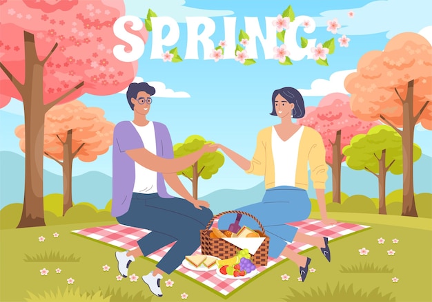 ロマンチックなピクニックでかわいい幸せなカップルの若い男と女