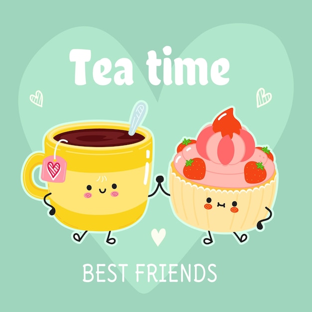 Vector cute happy cup of tea and cake card