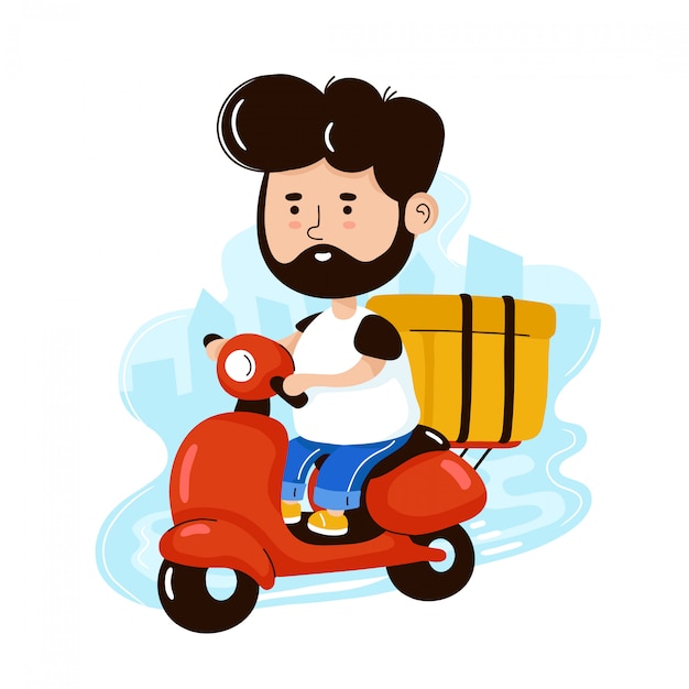 Simpatico uomo felice consegna consegna il pacco su scooter. personaggio dei cartoni animati illustrazione icona design.isolated