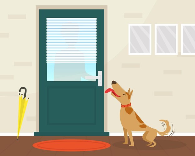 Vector cute happy dog meeting its owner at the door flat vector illustration