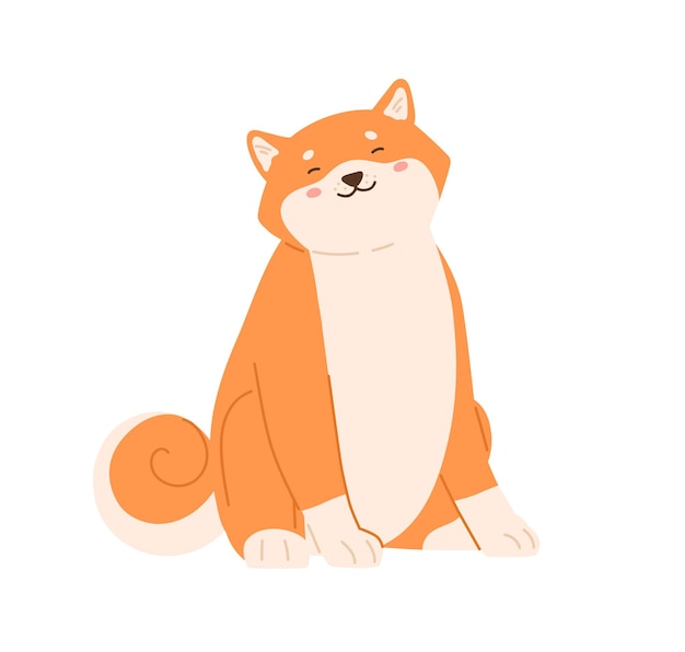 Carino cane felice di razza shiba inu seduto con gli occhi chiusi e sorridente. adorabile cucciolo giapponese rilassante. illustrazione vettoriale piatta del divertente cagnolino akita kawaii isolato su sfondo bianco.