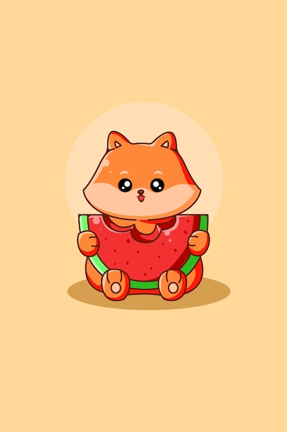 Vector cute and happy dog with watermelon cartoon illustration