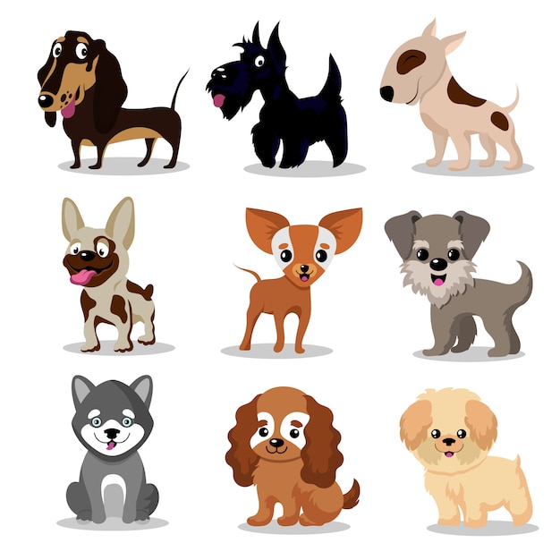 Simpatici cani felici. collezione di personaggi dei cartoni animati divertenti cuccioli