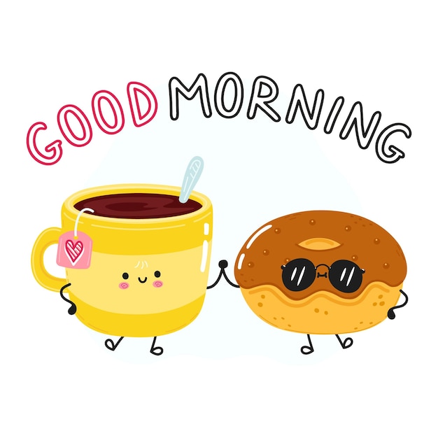 Cute happy donut and coffee cup