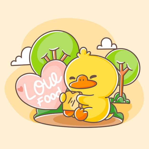 Cute happy duck eating bread postcard doodle illustration
