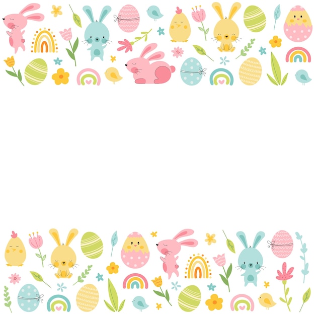 ベクトル ウサギと卵、虹、花、ひよことかわいいハッピー イースターの背景
