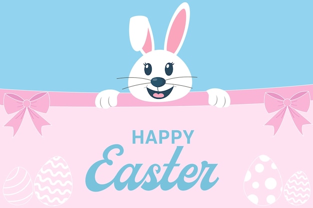 Cute happy easter card with smiling bunny rabbit Bunnies Easter eggs flowers and basket