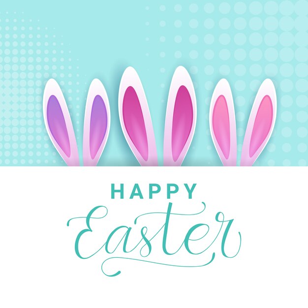 Cute Happy Easter Greeting Card With Creative Lettering Calligraphy And Rabbit Ears