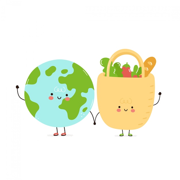 Cute happy eco bag and planet earth.