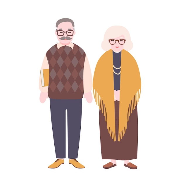 Cute happy elderly couple isolated on white background. smiling old man and woman wearing glasses. grandfather and grandmother standing together. colorful vector illustration in flat cartoon style.