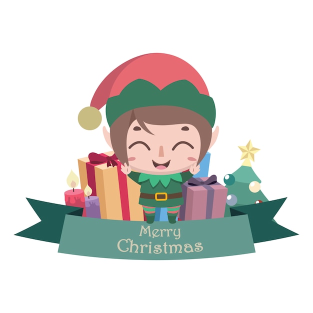 Cute happy elf with banner and Christmas gifts