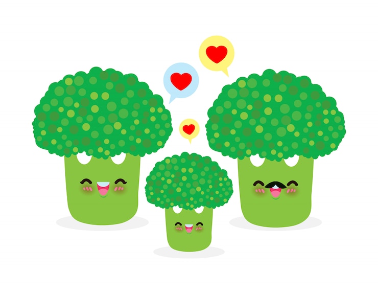 Vector cute happy family broccoli eating healthy food funny vegetable character eating healthy food isolated on white background  illustration