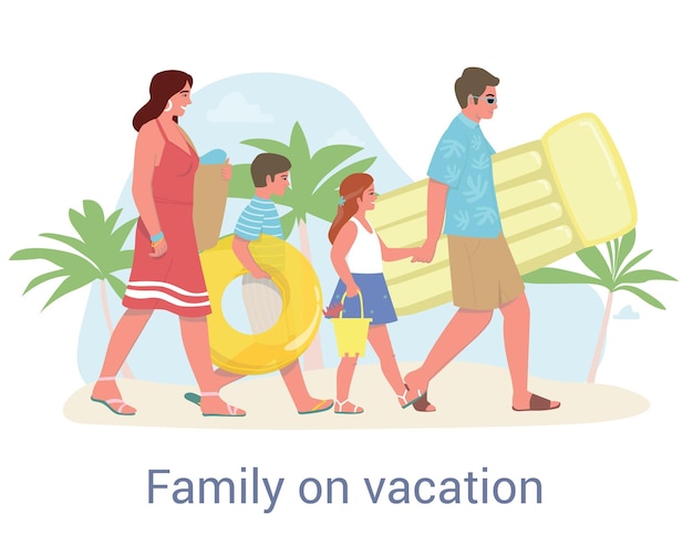 Vector cute happy family spending summer vacation at resort mother father children parents and kids having