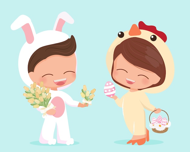 Cute happy flat style young couple in easter bunny and chick costume illustration