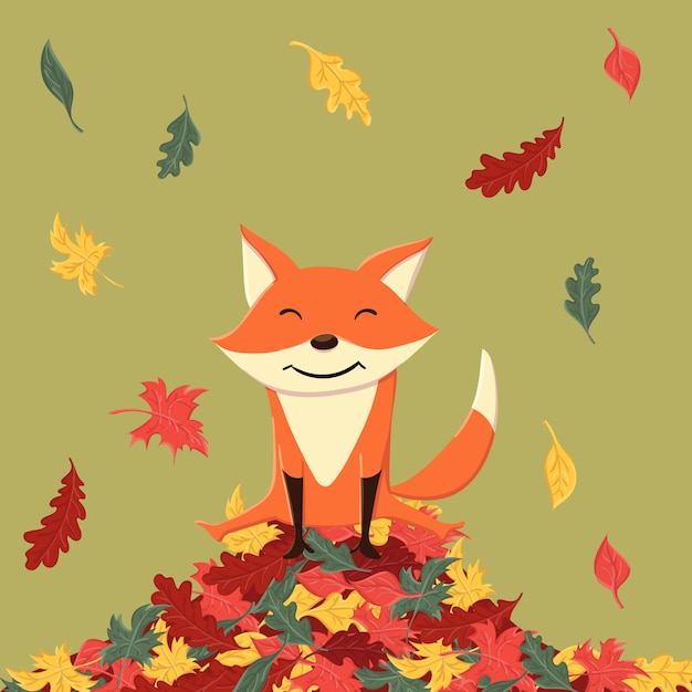 Cute and happy fox in the autumn leaves