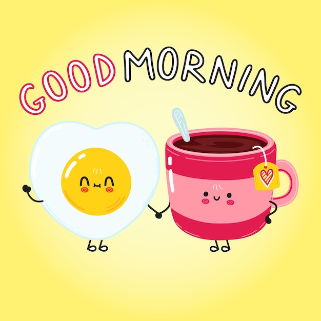 Vector cute happy fried egg and coffee cup