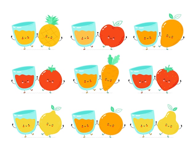 Cute happy fruits, vegetables and juice glass