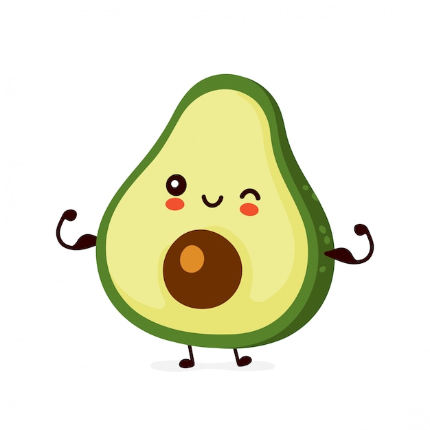 Cute happy funny avocado show muscle.   cartoon character illustration icon design.Isolated