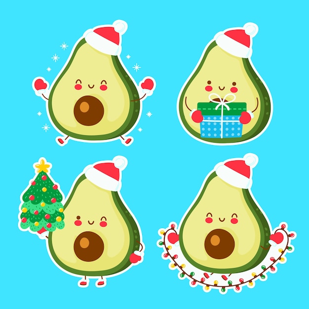 Cute happy funny christmas avocado. cartoon character hand drawn style illustration. Christmas, New Year concept