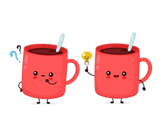 疑問符とアイデアの電球が付いているかわいい幸せな面白いコーヒー・マグ。漫画のキャラクターイラストアイコンデザイン。分離されました。