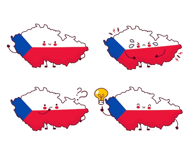 Cute happy funny czech republic map and flag character set collection. flat line cartoon kawaii character illustration icon. isolated on white background. czech republic concept