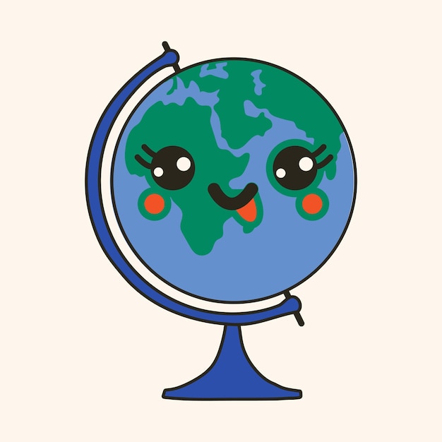 Cute happy funny Earth Globe with kawaii eyes Cartoon cheerful school mascot