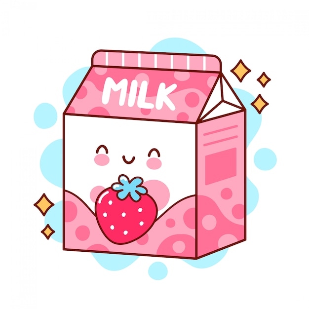 Latte alla fragola aromatizzato divertente felice sveglio. icona di illustrazione di carattere kawaii del fumetto di linea piatta.