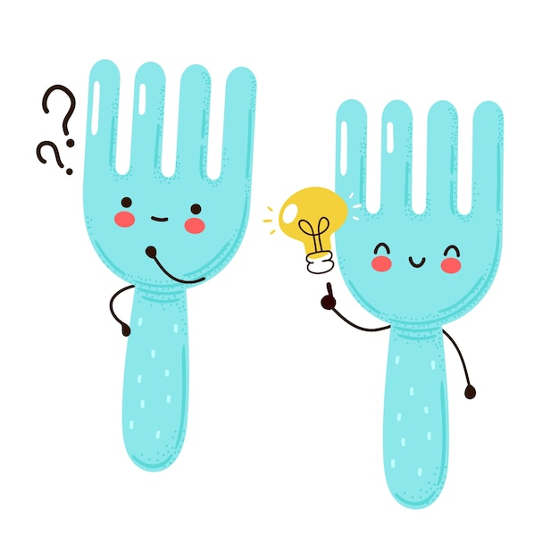 Cute happy funny fork with question mark and idea lightbulb. Isolated on white background.  cartoon character hand drawn style illustration