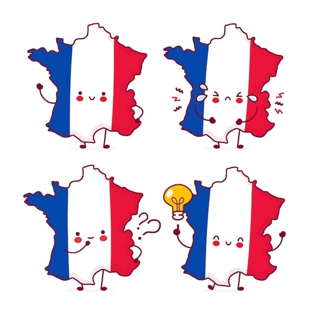 Carino felice divertente francia mappa e bandiera set di caratteri di raccolta