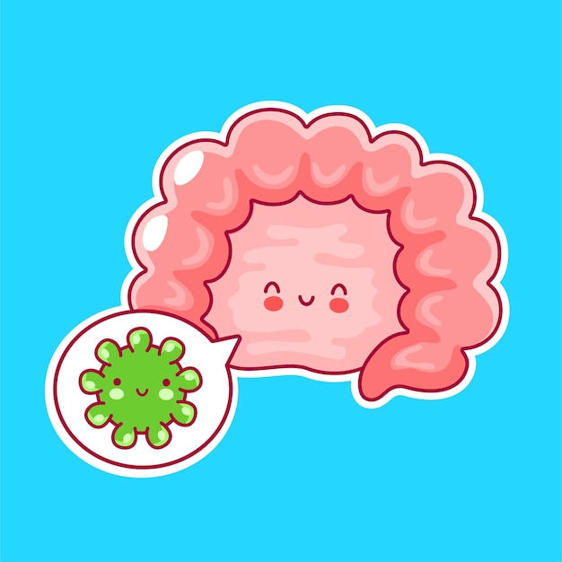 Cute happy funny human intestine organ and speech bubble with bacteria