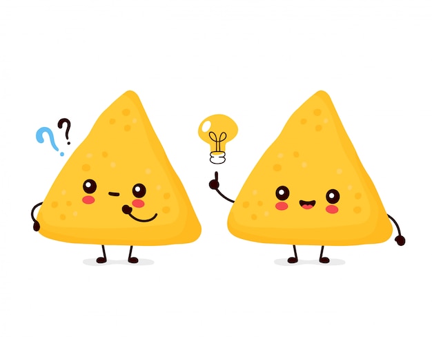 Nachos divertenti felici svegli con il punto interrogativo e la lampadina di idea. personaggio dei cartoni animati illustrazione icona design.isolated