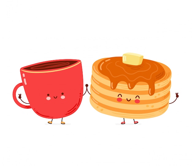 Cute happy funny pancakes and coffee mug. Isolated