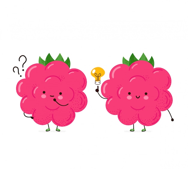 Cute happy funny raspberry with question mark and idea lightbulb. cartoon character hand drawing style illustration. Isolated on white background