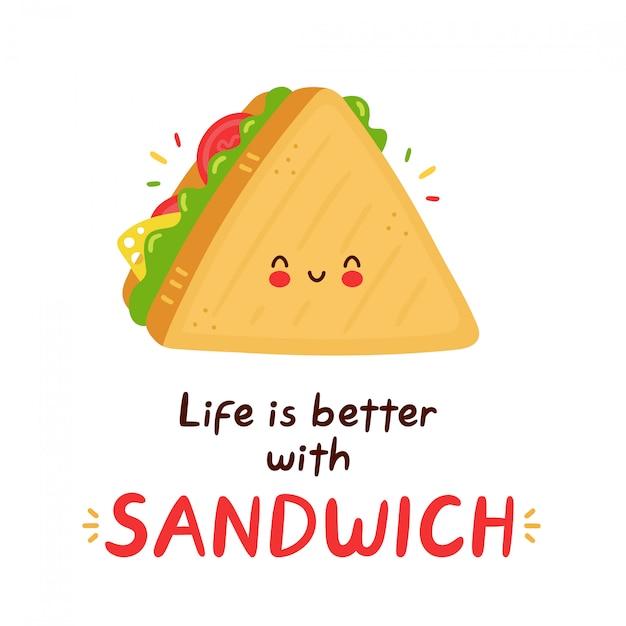 Panino divertente felice sveglio. illustrazione di stile disegnato a mano del personaggio dei cartoni animati. la vita è migliore con la carta sandwich