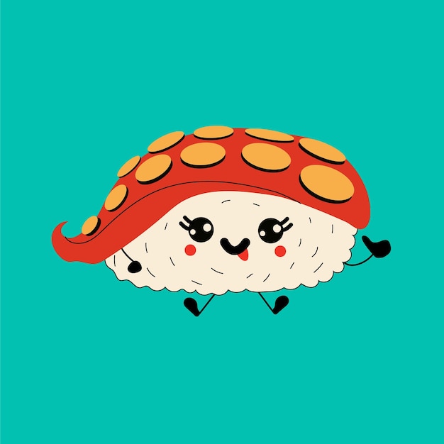 Cute happy funny smiling sushi,roll with kawaii eyes. Vector in cartoon style.