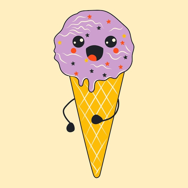 Cute happy funny smilingIce cream with kawaii eyes in bright cartoon style Vector in cartoon style