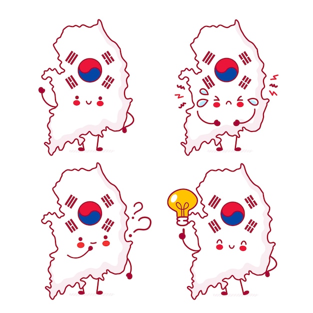 かわいい幸せな面白い韓国地図とフラグ文字セットのコレクション プレミアムベクター