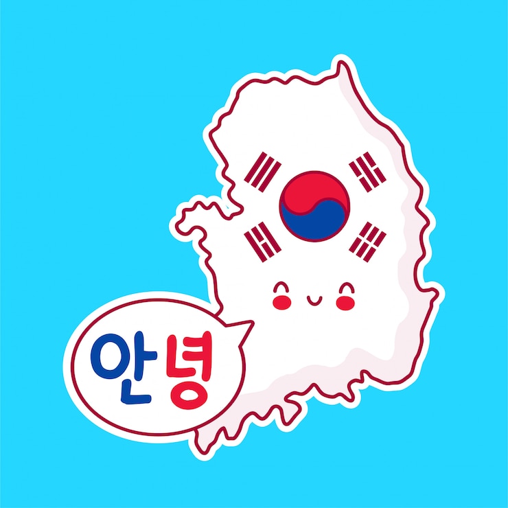 Vector 연설 거품에 한국 안녕하세요 귀여운 행복 재미 한국지도 및 플래그 문자.