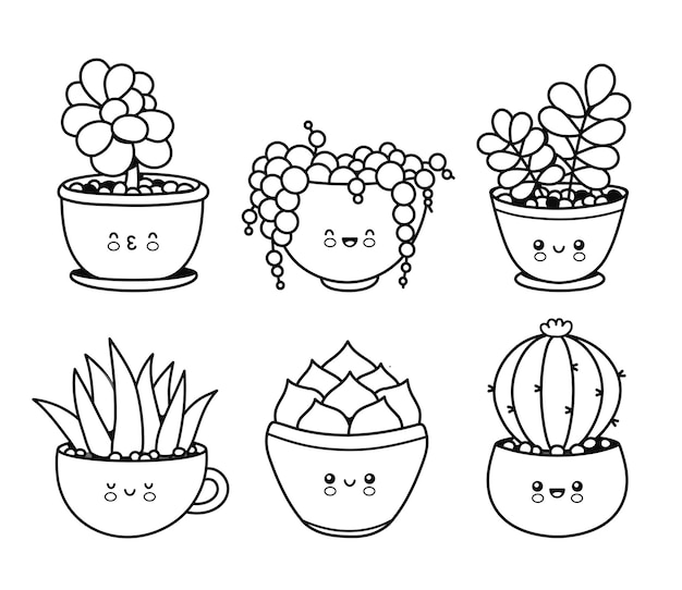 Vettore carino felice divertente piante grasse, cactus, fiore emoji set collection. vector colorazione fumetto kawaii personaggio illustrazione. pagina di piante per libro da colorare concetto di bundle. isolato su priorità bassa bianca