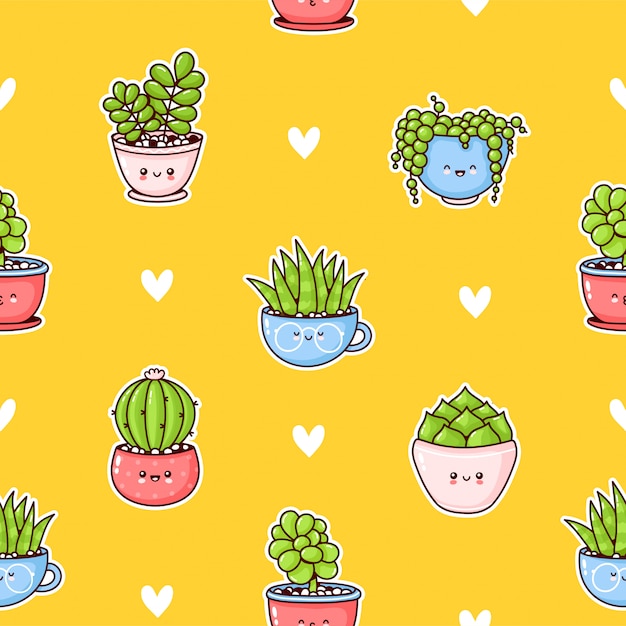 Cute happy funny succulents plants seamless pattern. flat cartoon kawaii character illustration  design. succulents,cactus,hearts seamless pattern concept