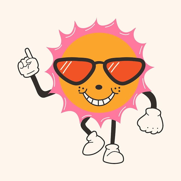 Vector cute happy funny sun 30s cartoon mascot character 40s 50s 60s old animation style