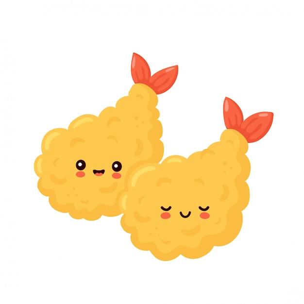 Милая счастливая смешная пара креветок темпуры. дизайн значка иллюстрации персонажа из мультфильма. изолированный