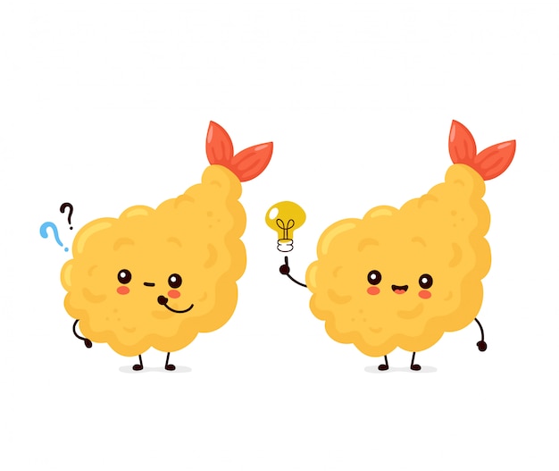 Cute happy funny tempura shrimp with question mark and idea lightbulb.   cartoon character illustration icon design.isolated