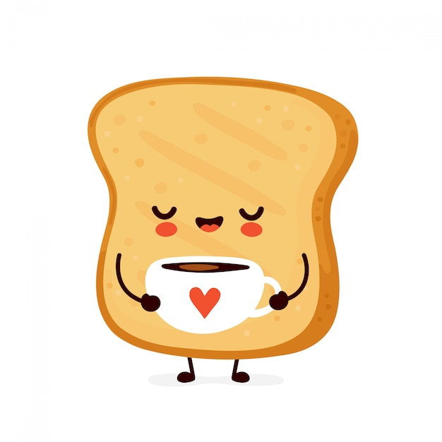 Cute happy funny toast drink coffee. cartoon character illustration icon design.Isolated on white background