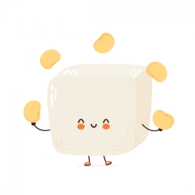 Симпатичные счастливые смешные тофу жонглировать соевые бобы. мультипликационный персонаж рука рисунок стиль иллюстрации. Изолированные на белом фоне