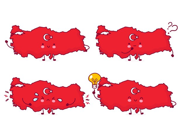 Cute happy funny turkey map and flag character set collection