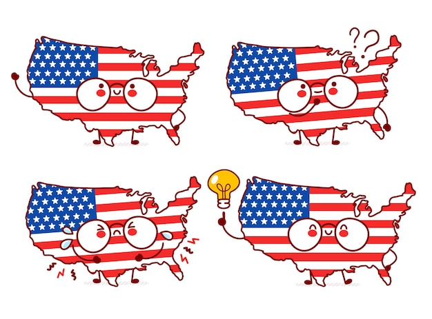 Vector cute happy funny usa map and flag character set
