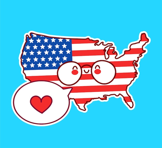 Carattere di mappa e bandiera usa divertente felice sveglio con il cuore nel fumetto. icona dell'illustrazione del carattere di kawaii del fumetto di linea piatta di vettore. stati uniti d'america, stati uniti d'america concetto